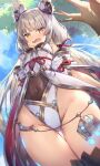  1girl angry animal_ears bare_shoulders blush breasts cat_ears commentary detached_sleeves embarrassed from_below highres leotard long_hair long_sleeves looking_at_viewer nia_(blade)_(xenoblade) nia_(xenoblade) open_mouth thick_thighs thigh_gap thighs topia twintails xenoblade_chronicles_(series) xenoblade_chronicles_2 