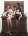  2girls a_san_san absurdres aether_gazer alcohol animal_ears bar_(place) black_bow black_bowtie black_footwear black_hair black_leotard black_pantyhose bottle bow bowtie breasts brown_eyes character_request chinese_commentary cleavage commentary_request counter detached_collar full_body glasses grey_hair high_heels highres legs leotard long_hair looking_at_viewer medium_breasts multiple_girls pantyhose playboy_bunny rabbit_ears rabbit_tail red_eyes shiny shiny_clothes small_breasts standing strapless strapless_leotard tail twintails white_footwear white_leotard wrist_cuffs 