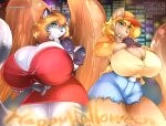  anthro big_breasts blonde_hair breast_size_difference breasts cleavage clothed clothing duo feathered_wings feathers felid fur grey_body grey_fur hair huge_breasts hybrid hyper hyper_breasts leonkatlovre machairodontine mammal striped_body striped_fur stripes tan_body tan_fur wings 