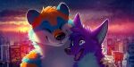  2:1 ailurid anthro backlighting black_claws blue_body blue_eyes blue_fur canid canine cheek_tuft chest_tuft claws closed_smile cloud detailed_background duo embrace eyes_closed facial_tuft fangs fox front_view fur head_tuft hug hybrid light lighting male mammal mylafox neck_tuft night open_mouth open_smile outside pink_tongue polar_bear purple_body purple_fur red_panda shoulder_tuft sky smile sunset text tongue tuft url ursid ursine white_body white_fur 