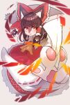  1girl animal_ear_fluff animal_ears animal_nose ascot bangs black_hair blush bow bright_pupils cat_ears cat_girl dress furrification furry furry_female grey_background hair_bow hair_tubes hakurei_reimu highres holding huge_bow looking_to_the_side onikuman pawpads red_bow red_dress sidelocks smile solo talisman touhou white_pupils yellow_ascot 
