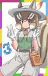  1girl animal_costume animal_ear_fluff animal_ears belt brown_hair chipmunk_costume chipmunk_ears chipmunk_girl chipmunk_tail extra_ears gloves grey_eyes hane_(kirschbaum) hat hat_feather highres kemono_friends kemono_friends_3 kemono_friends_v_project looking_at_viewer multicolored_hair ribbon shirt short_hair shorts siberian_chipmunk_(kemono_friends) simple_background solo tail virtual_youtuber white_hair 