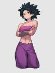 1girl bandeau bare_shoulders black_eyes black_hair breasts caulifla cleavage closed_mouth collarbone crossed_arms dragon_ball dragon_ball_super grey_background kemachiku medium_breasts midriff navel short_hair simple_background solo strapless tube_top 