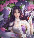  1girl cleavage_cutout closed_eyes clothing_cutout da_pang_banbiantian earrings flower from_above grass hair_ornament harp highres instrument jewelry long_hair lying on_back petals purple_eyes purple_hair second-party_source solo upper_body wanmei_shijie yun_xi_(wanmei_shijie) 