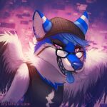  1:1 2019 abstract_background anthro black_beanie black_body black_clothing black_feathers black_topwear black_wings blue_body blue_fur blue_hair blue_nose blue_tongue bust_portrait canid clothed clothing dated eyelashes eyewear feathered_wings feathers female fur glasses hair hi_res mammal mylafox pink_eyes portrait signature solo text tongue topwear url white_body white_feathers white_fur white_wings wings 