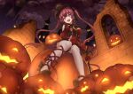 1girl :d absurdres asanaya bare_tree bat_(animal) black_gloves black_headwear black_ribbon black_sky blurry bokeh cane castle clothing_cutout commentary depth_of_field dress drill_hair gloves graveyard hair_ribbon halloween hat head_tilt heterochromia highres hololive houshou_marine jack-o&#039;-lantern long_hair looking_at_viewer night night_sky open_mouth outdoors red_dress red_eyes red_footwear red_hair revision ribbon shoes short_dress shoulder_cutout sitting sky smile solo star_(sky) starry_sky thighhighs top_hat tree twintails very_long_hair virtual_youtuber white_thighhighs yellow_eyes 