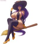  1girl bare_shoulders breasts broom broom_riding elbow_gloves from_below gloves hat highres holding holding_broom huge_breasts large_hat long_hair original purple_hair purple_headwear revealing_clothes superbusty thighhighs very_long_hair witch witch_hat yellow_footwear yellow_gloves 