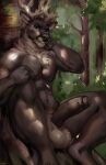  against_natural_surface against_surface against_tree anthro antlers balls big_penis cervid chest_tuft erection foreskin forest genitals hand_behind_head horn humanoid_genitalia humanoid_penis juiceps male mammal muscular muscular_anthro muscular_male nude outside pecs penis plant sitting solo tree tuft 