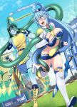  2girls aqua_(konosuba) bangs belt billboard blue_eyes blue_hair blue_skirt blue_sky boots bouncing_breasts breasts character_name clothes_writing commentary crossover day detached_sleeves english_commentary english_text fingerless_gloves gloves green_hair hair_between_eyes hair_ornament hair_rings highleg highleg_panties highres kono_subarashii_sekai_ni_shukufuku_wo! leaning_forward lindaroze long_hair long_sleeves monster_girl monster_musume_no_iru_nichijou multiple_girls open_mouth outdoors panties patreon_username shiny shiny_hair skirt sky slime_girl smile standing standing_on_one_leg suu_(monster_musume) tentacle_hair thigh_boots thighs tongue twitter_username umbrella underwear very_long_hair visor_cap watermark web_address 