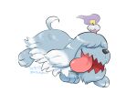  animal_focus commentary_request dog fang fire flame full_body greavard highres mthchupaca no_humans open_mouth pokemon pokemon_(creature) purple_fire simple_background skin_fang tongue tongue_out white_background 