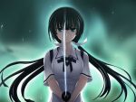  1girl aqua_background aqua_theme bangs black_hair black_ribbon blue_eyes blunt_bangs closed_mouth collared_shirt floating_hair game_cg hair_ribbon holding holding_sword holding_weapon katana kawagishi_keitarou kawakami_academy_uniform long_hair looking_at_viewer low_twintails maji_de_watashi_ni_koi_shinasai! mayuzumi_yukie neck_ribbon ribbon shiny shiny_hair shirt short_sleeves solo sweater sweater_vest sword twintails upper_body very_long_hair weapon white_ribbon white_shirt white_sweater wing_collar 