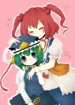  1st-mn 2girls balance_scale black_skirt blue_eyes blue_headwear blue_vest closed_eyes closed_mouth epaulettes frilled_hat frills green_hair hair_bobbles hair_ornament hat heart holding hug long_sleeves looking_at_viewer multiple_girls onozuka_komachi pink_background polka_dot polka_dot_background red_hair ribbon-trimmed_skirt ribbon_trim rod_of_remorse sash shiki_eiki short_hair skirt smile standing touhou two_side_up vest weighing_scale 