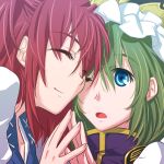  2girls blue_eyes close-up closed_eyes closed_mouth frilled_hat frills green_hair hat holding_hands kitsune_maru looking_at_viewer multiple_girls one_eye_closed onozuka_komachi open_mouth red_hair shiki_eiki smile touhou upper_body 
