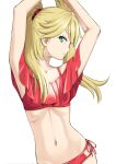  1girl arms_up bare_arms bikini blonde_hair burn_the_witch closed_mouth collarbone easy_(aqk7bdqt) flat_chest floating_hair green_eyes hair_ornament long_hair looking_at_viewer navel ninny_spangcole red_bikini red_ribbon ribbon shiny shiny_hair side-tie_bikini_bottom simple_background solo standing swimsuit twintails two_side_up white_background 