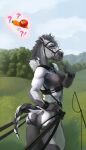  anthro armor bracelet bracers braided_tail breastplate breasts bridle butt cart digital_media_(artwork) ear_tunnel equid equine female fingers fur gesture grass grey_body grey_fur grey_hair hair harness hi_res horse jewelry looking_at_viewer mammal mountain muscular muscular_anthro nipples nude outside plant pointing pony raised_tail small_breasts snaffle solo tega_(tgt1512) tgt1512 traces tree whip white_body white_fur white_hair 