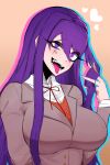  1girl absurdres ace_glitch adjusting_hair bangs blush breasts brown_background brown_jacket doki_doki_literature_club facial_mark grin highres jacket large_breasts long_hair looking_at_viewer lower_teeth neck_ribbon open_mouth purple_eyes purple_hair ribbon school_uniform shirt sidelocks smile solo teeth tongue tongue_out upper_body upper_teeth white_shirt yandere yuri_(doki_doki_literature_club) 