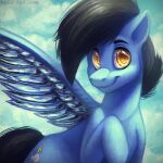  1:1 black_eyebrows black_hair black_tail blue_body blue_sky blue_wings closed_smile cloud equid equine eyebrows feral glistening glistening_eyes hair looking_at_viewer male mammal mouth_closed mylafox pegasus sky solo wings yellow_eyes 
