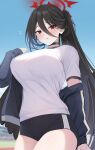  1girl black_choker black_hair blue_archive blue_sky breasts choker closed_mouth cowboy_shot feathered_wings gym_shirt gym_shorts gym_uniform half-closed_eyes halo hasumi_(blue_archive) hasumi_(gym_uniform)_(blue_archive) hatsuno_xxx highres jacket large_breasts long_hair long_sleeves looking_at_viewer open_clothes open_jacket ponytail red_eyes shirt short_shorts short_sleeves shorts sky solo sportswear sweatdrop track_jacket white_shirt wings 