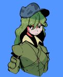 1girl belt breasts camouflage collared_jacket collared_shirt frown green_eyes hair_strand hat key long_hair medium_breasts pocket scar scar_on_face shirt simple_background the_t touhou yamashiro_takane 