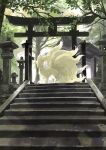  arch bright_pupils commentary_request day highres izumi_asuka leaf looking_at_viewer ninetales no_humans outdoors pokemon pokemon_(creature) red_eyes rock solo stairs standing tree white_pupils 