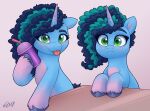  absurd_res afro blue_body blue_hair blue_hooves container cup digital_media_(artwork) equid equine eyebrows eyelashes female feral fetlocks green_eyes hair hasbro hi_res holding_object hooves horn leg_tuft looking_at_viewer mammal misty_(g5) mlp_g5 multicolored_hair my_little_pony pink_inner_ear rivin177 signature simple_background smile tongue tongue_out tuft two_tone_hair unicorn unicorn_horn 