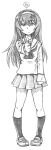  1girl :| bangs bbb_(friskuser) blouse closed_mouth commentary expressionless full_body girls_und_panzer graphite_(medium) greyscale hairband half-closed_eyes highres loafers long_hair long_sleeves looking_at_viewer miniskirt monochrome neckerchief ooarai_school_uniform pleated_skirt reizei_mako sailor_collar school_uniform serafuku shirt shoes skirt socks solo standing thumbs_up traditional_media translated 
