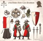  2girls armor balance_scale boots braid equipment_layout flanged_mace full_body gambeson gloves helmet highres hood kettle_helm long_hair medieval multiple_girls original scabbard sheath shield skirt standing sword tabard twin_braids vanishlily weapon weighing_scale 
