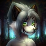  1:1 anthro bust_portrait canid closed_smile facial_markings forest fur glistening glistening_eyes green_eyes grey_hair hair head_markings looking_at_viewer male mammal markings mouth_closed mylafox nude outside plant portrait solo text tree url white_body white_fur 