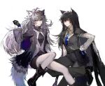  2girls absurdres animal_ears antenna_hair aqua_eyes arknights black_coat black_dress black_footwear black_hair black_pants black_vest blue_gloves blue_necktie boots breasts closed_mouth coat collared_shirt dress fingerless_gloves fur-trimmed_coat fur_trim gloves grey_hair hand_on_hip highres holding invisible_chair jewelry knee_boots lappland_(arknights) lappland_(refined_horrormare)_(arknights) lieyan_afterimage long_hair long_sleeves looking_at_viewer medium_breasts multiple_girls necklace necktie official_alternate_costume open_clothes open_coat pants parted_lips red_eyes shirt simple_background sitting small_breasts smile tail texas_(arknights) texas_the_omertosa_(arknights) very_long_hair vest white_background white_shirt wolf_ears wolf_girl wolf_tail 