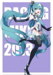  1girl absurdly_long_hair aqua_eyes aqua_hair aqua_necktie bangs black_thighhighs blush character_name cleavage_cutout clothing_cutout dated_commentary english_text full_body goodsmile_racing hair_between_eyes hatsune_miku high_heels highres kusunokimizuha leg_up long_hair looking_at_viewer necktie open_mouth purple_background race_queen racing_miku racing_miku_(2013) simple_background smile solo standing standing_on_one_leg thighhighs very_long_hair vocaloid 