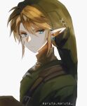  1boy blonde_hair blue_eyes earrings green_headwear green_tunic grey_shirt hair_between_eyes hat highres jewelry link looking_to_the_side male_focus maruta_maruta pointy_ears pointy_hat shirt short_hair shoulder_belt sidelocks solo the_legend_of_zelda the_legend_of_zelda:_twilight_princess turtleneck twitter_username upper_body white_background 