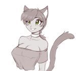  2022 anthro breasts clothed clothing domestic_cat eyebrow_through_hair eyebrows eyelashes felid feline felis female green_eyes hair hi_res inner_ear_fluff looking_at_viewer mammal nipple_outline off_shoulder scorpdk smile solo translucent translucent_hair tuft 