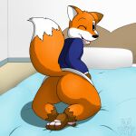  anthro bed big_tail bottomless butt canid canine clothed clothing fox furniture looking_at_viewer male mammal one_eye_closed raised_tail smile smiling_at_viewer solo sweater topwear waffle_(wafflefox) wafflefox wink winking_at_viewer 