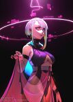  1girl aurahack bangs bare_shoulders blue_eyes bodysuit breasts cyberpunk_(series) cyberpunk_edgerunners cyborg english_commentary halo highres holding lucy_(cyberpunk) medium_breasts off_shoulder parted_bangs red_lips simple_background solo teeth white_hair 