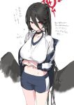  1girl akinashi_yuu bangs black_choker black_hair black_wings blue_archive blue_jacket blue_shorts breasts choker feathered_wings flying_sweatdrops gym_uniform hair_between_eyes halo hasumi_(blue_archive) hasumi_(gym_uniform)_(blue_archive) highres jacket large_breasts long_hair long_sleeves low_wings open_clothes open_jacket red_eyes short_shorts shorts simple_background solo sweat translation_request very_long_hair white_background wings 