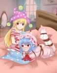  2girls american_flag_dress bdsm bed blonde_hair blue_hair bondage bound bow clownpiece defeat frilled_sleeves frills gag hat highres jester_cap jiayuansi multiple_girls pink_eyes red_bow red_eyes remilia_scarlet ribbon touhou yuri 