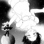  2girls absurdres alien_stage bare_shoulders blush boots breasts cleavage collarbone dress floating floating_hair giant giantess greyscale haem_(hamusatang) high_heel_boots high_heels highres korean_commentary long_hair looking_to_the_side medium_breasts mizi_(alien_stage) monochrome multiple_girls planet short_hair space sua_(alien_stage) thigh_boots thighhighs upside-down 