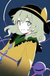  1girl bad_id bad_twitter_id black_headwear blue_background bow buttons collar diamond_button frilled_collar frills green_eyes green_hair grin hat hat_bow komeiji_koishi long_sleeves looking_at_viewer shirt short_hair simple_background smile solo teeth third_eye touhou valenciana_i yellow_bow yellow_shirt 