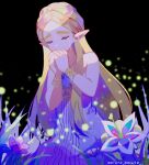  1girl bangs bare_shoulders black_background blonde_hair bracer closed_eyes covering_mouth crying dress highres kneeling long_dress long_hair maruta_maruta own_hands_clasped own_hands_together parted_bangs pointy_ears praying princess_zelda silent_princess solo tears the_legend_of_zelda the_legend_of_zelda:_breath_of_the_wild thick_eyebrows twitter_username white_dress 