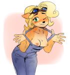  activision anthro blonde_hair breasts clothed clothing coco_bandicoot crash_bandicoot_(series) eyewear female fur goggles hair long_hair nipples one_eye_closed overalls solo the-minuscule-task topless video_games wide_hips wink 