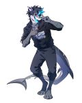  2022 4_toes 5_fingers anthro black_hair blue_eyes clothed clothing digital_media_(artwork) eyebrows eyelashes feet fingers fish hair male marine open_mouth reilukah shark smile solo teeth toes tongue 