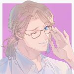  1boy adjusting_eyewear axis_powers_hetalia bespectacled blonde_hair blue_eyes collared_shirt facial_hair france_(hetalia) glasses grin looking_at_viewer low_ponytail male_focus mature_male medium_hair one_eye_closed ponytail purple_background shirt smile stubble two-tone_background vvvrsi3636 white_background white_shirt 