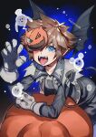  1boy artist_name bat_wings black_jacket blue_eyes brown_hair claws clenched_hand demon_tail donald_duck fangs ghost gloves goofy grey_gloves hair_between_eyes halloween halloween_costume highres jacket kingdom_hearts leaning_forward long_sleeves male_focus mickey_mouse official_alternate_costume one_eye_covered open_mouth pointy_ears seboniruca short_hair slit_pupils sora_(kingdom_hearts) spiked_hair tail tongue tongue_out wings 