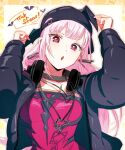  1girl :o absurdres backwards_hat bangs baseball_cap black_headwear black_jacket blunt_bangs blush hat headphones headphones_around_neck highres hololive hololive_english iris_(tb33064667) jacket long_hair looking_at_viewer mori_calliope official_alternate_costume open_mouth pink_hair red_eyes red_shirt shirt solo straight_hair virtual_youtuber winged_hat 