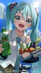  1girl :d absurdres ahoge bangs black_skirt black_sleeves blue_eyes blue_hair blue_nails blue_necktie blue_sky bottle bowl carrot cloud collarbone collared_shirt commentary day detached_sleeves eggplant english_text food fruit hair_between_eyes hair_intakes hatsune_miku highres holding holding_bottle holding_bowl lemon lettuce long_hair long_sleeves looking_at_viewer nail_polish necktie outdoors pleated_skirt poppippoo_(vocaloid) shirt signature skirt sky sleeveless sleeveless_shirt sleeves_past_wrists smile solo spring_onion tatyaoekaki tomato twintails very_long_hair vocaloid watermark white_shirt wide_sleeves 