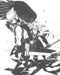  2boys armor bangs belt black_jacket black_wings boots buster_sword chest_strap cloud_strife feathered_wings final_fantasy final_fantasy_vii final_fantasy_vii_remake full_body gloves greyscale hand_on_another&#039;s_chin high_contrast highres holding holding_sword holding_weapon jacket katana long_bangs long_hair long_jacket long_sleeves looking_at_another male_focus masamune_(ff7) monochrome multiple_belts multiple_boys muscular muscular_male open_mouth parted_bangs ryouto sephiroth short_hair shoulder_armor single_wing sleeveless sleeveless_turtleneck smile spiked_hair suspenders sword turtleneck weapon white_background wings 
