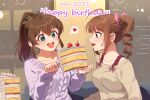  2girls ahoge aran_sweater background_text bangs birthday_cake black_bow black_bowtie blue_eyes blurry bow bowtie brown_hair cake character_name cherry cursive dated drill_hair earrings english_text food fruit grey_sweater hair_bow happy_birthday heart holding holding_food idolmaster idolmaster_million_live! jewelry kamille_(vcx68) long_sleeves looking_at_another medium_hair multiple_girls open_mouth ponytail purple_eyes purple_sweater satake_minako shirt_slip side_drill side_ponytail sitting smile sparkle spoken_heart star_(symbol) star_earrings strawberry sweatdrop sweater yokoyama_nao 