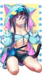  1girl animal_hood aqua_coat bangs belt black_hair blue_shorts blush breasts cat_girl cat_hood cat_tail choker closed_mouth coat colored_inner_hair full_body grey_footwear hair_ornament highres hood kneeling long_hair long_sleeves looking_at_viewer mitake_eil multicolored_hair navel no_bra no_shirt original pouch purple_coat purple_eyes shoes short_shorts shorts small_breasts sneakers solo star_tattoo tail tattoo two-sided_coat white_hair x_hair_ornament 