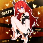  1girl arknights artist_name barefoot between_legs black_bra black_panties bra breasts character_name demon_horns hair_between_eyes hand_between_legs horns knee_up long_hair looking_at_viewer medium_breasts numbered panties purple_eyes red_hair solo squatting srgrafo surtr_(arknights) underwear very_long_hair 