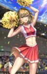  1girl absurdres armpits blurry blurry_background blush breasts cheering cheerleader cleavage confetti crop_top green_hair highres idolmaster idolmaster_cinderella_girls looking_at_viewer medium_breasts navel nyome991 pleated_skirt pom_pom_(cheerleading) red_skirt shirt skirt sleeveless sleeveless_shirt smile solo stadium standing standing_on_one_leg takagaki_kaede 